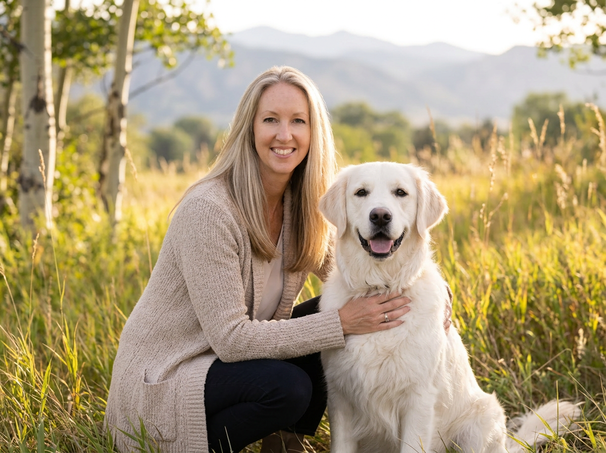 Candace Toyama with her cream English golden retriever in Northern Colorado